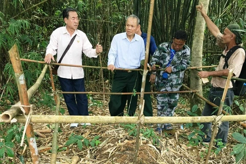 Trung tướng Hoàng Khánh Hưng (áo trắng đứng giữa) tìm kiếm mộ liệt sỹ tại Lào. (Ảnh nhân vật cung cấp)