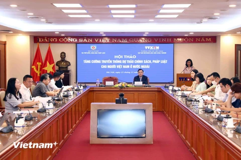 Hội thảo "Tăng cường truyền thông dự thảo chính sách, pháp luật cho người Việt Nam ở nước ngoài". (Ảnh: PV/Vietnam+)