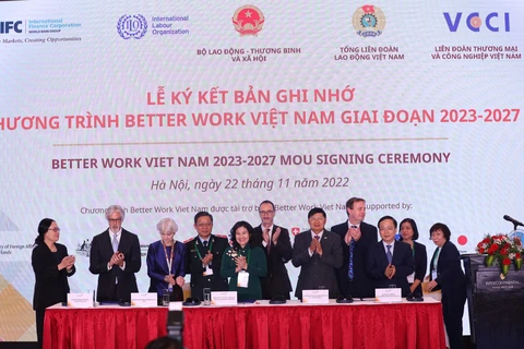 Ký kết Bản ghi nhớ về thực hiện Chương trình Better Work giai đoạn 2023-2027. (Ảnh: PV/Vietnam+)