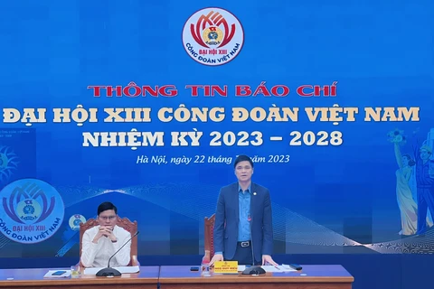 Họp báo thông tin báo chí về Đại hội XIII Công đoàn Việt Nam, nhiệm kỳ 2023-2028. (Ảnh: PV/Vietnam+)