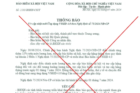 Công văn giả mạo cơ quan Bảo hiểm xã hội Việt Nam. (Ảnh: PV/Vietnam+)