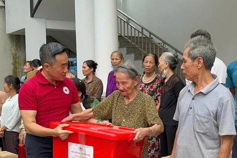 Trao tặng thùng hàng cứu trợ của Hội chữ thập đỏ Việt nam. (Ảnh: Trung ương Hội Chữ thập đỏ Việt Nam)