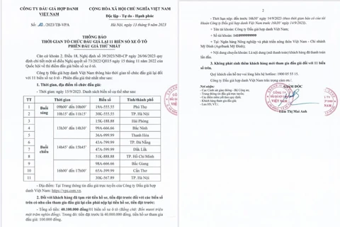 Công ty Đấu giá hợp danh Việt Nam đưa ra văn bản thông báo mở lại phiên đấu giá biển số đẹp vào ngày 15/9. (Ảnh minh họa)