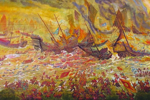 Tranh vẽ trận Bạch Đằng mô tả trận quyết chiến chiến lược do vua Trần Nhân Tông và anh hùng dân tộc Trần Hưng Đạo chỉ huy, đánh tan quân xâm lược Nguyên-Mông trên sông Bạch Đằng năm 1288. (Ảnh: BTC)