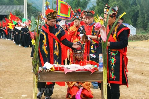 Thực hành Then trong nghi lễ cấp sắc của người Tày ở Bắc Kạn. (Ảnh: Vietnam+)