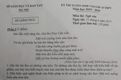 Đề thi môn Ngữ văn. (Ảnh: PM/Vietnam+)