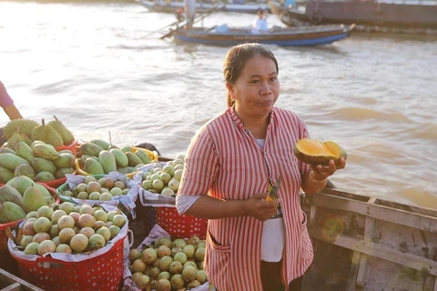 Một chủ ghe trái cây tại chợ nổi Cái Răng (Ảnh: Lâm Phan/Vietnam+)
