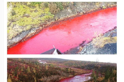 Hình ảnh cho thấy nước sông Daldykan đổi màu đỏ bất thường. (Nguồn: Instagram)