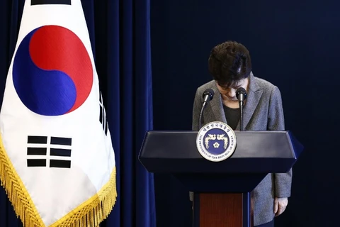 Bà Park Geun-hye cúi đầu trong một lần phát biểu trước người dân Hàn Quốc vào cuối năm 2016. (Nguồn: AFP)