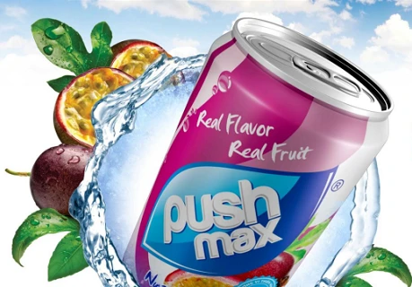 Tất cả sản phẩm nước trái cây Pushmax đều thiết kế lo go hình chiếc lá liền mạch, trên chiếc lá có chữ Pushmax và dấu đóng gi rõ dòng chữ "không đường hóa học" "không chất bảo quản." (Ảnh: Tập đoàn Hương Sen)