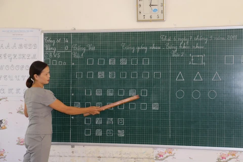 Hướng dẫn học sinh cách phân biệt tiếng theo chương trình công nghệ tại trường Tiểu học Hưng Đạo, huyện Hưng Nguyên, Nghệ An. (Ảnh: Bích Huệ /TTXVN)