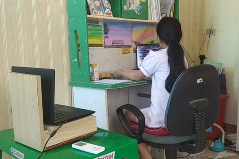 Học sinh thi trực tuyến với hai thiết bị máy tính. (Ảnh: PM/Vietnam+)