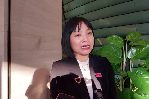 Đại biểu Quốc hội Nguyễn Thị Việt Nga chia sẻ với báo chí bên hành lang Quốc hội. (Ảnh: Minh Thu/Vietnam+)