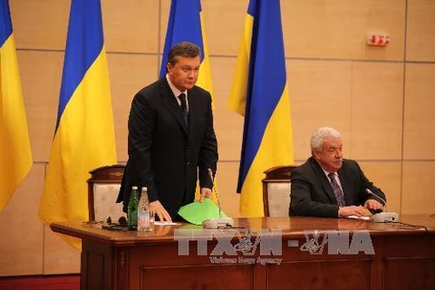 Ông Yanukovych trong buổi họp báo tại Rostov trên sông Đông tuần trước (Nguồn: THX/TTXVN)