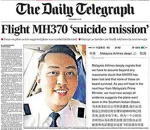 Trang bìa tờ Telegraph với giả thiết phi công MH370 đã thực hiện hành động tự sát.