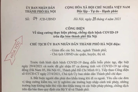 Công điện số 04/CĐ-UBND Ủy ban nhân dân Thành phố Hà Nội