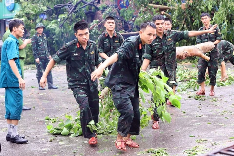 Lực lượng quân đội tham gia dọn dẹp, khắc phục hậu quả bão số 3 (Ảnh: Huy Hùng/TTXVN)