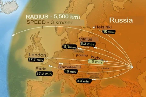 Tầm bắn ước lượng của tên lửa siêu thanh Nga Oreshnik (Nguồn: Open Data)