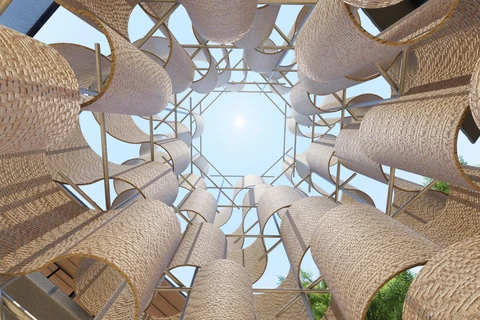 Khu Pavilion tạo hình con lốc xoáy từ vật liệu mây tre đan, điểm nhấn của triển lãm. (Ảnh: BTC) 