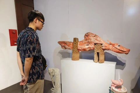 Một khách tham quan triển lãm chiêm ngưỡng cụm tác phẩm của nghệ sỹ Lê Ngọc Thuận. (Ảnh: Minh Thu/Vietnam+)