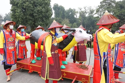 Nghi lễ ''Tiến Xuân ngưu'' được tái hiện tại Hoàng Thành Thăng Long. (Ảnh: PV/Vietnam+)