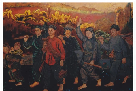 Tranh sơn mài về cuộc du kích Bắc Sơn của họa sĩ Nguyễn Văn Tỵ. (Ảnh: Bảo tàng Mỹ thuật Việt Nam)