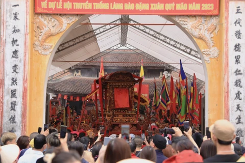 Người dân hào hứng theo sát kiệu Mẫu trong lễ hội truyền thống quê hương đã 6 năm không được tổ chức. (Ảnh: Hoài Nam/Vietnam+)