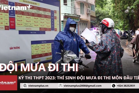 Kỳ thi tốt nghiệp THPT 2023: Thí sinh đội mưa đi thi môn đầu tiên. (Ảnh: Minh Anh/Vietnam+)