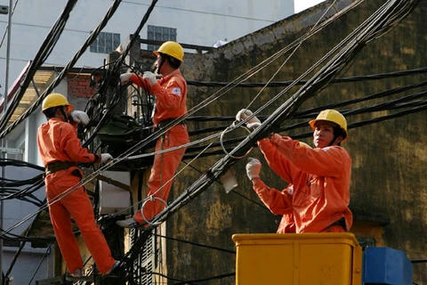 Cán bộ Tổng công ty điện lực Hà Nội đang kiểm tra, bảo trì đường dây cáp điện (Ảnh: TTXVN)