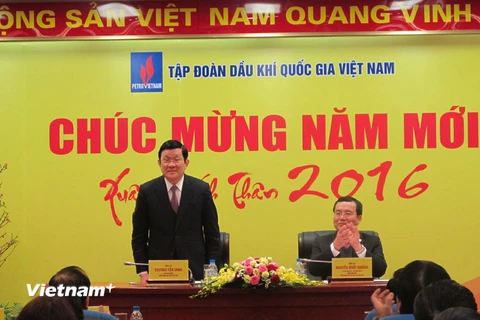 Chủ tịch nước Trương Tấn Sang thăm và chúc tết Tập đoàn Dầu khí Việt Nam chiều 4/2, tại Hà Nội (Ảnh: Đức Duy/Vietnam+)