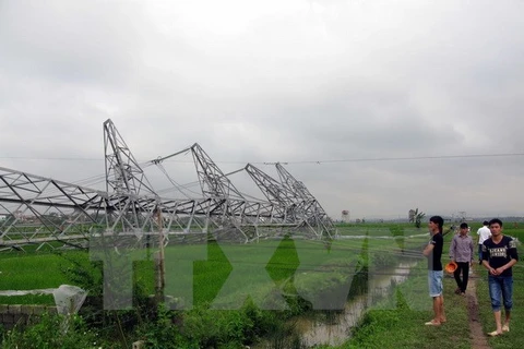 Cột điện bị đổ gây ra sự cố đường dây 500kV Hiệp Hòa-Quảng Ninh. (Ảnh: Việt Hùng/TTXVN)