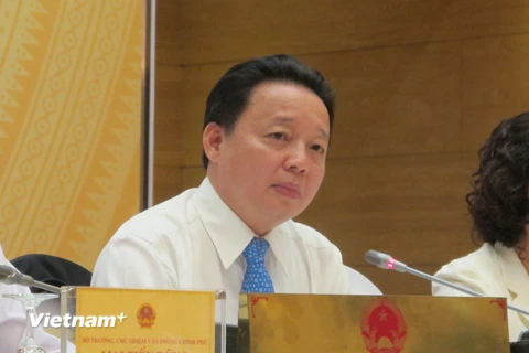 Bộ trưởng Trần Hồng Hà đang nói về Formosa tại buổi họp báo do Văn phòng Chính phủ tổ chức. (Ảnh: Đức Duy/Vietnam+)