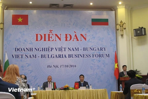 Bộ trưởng Trần Tuấn Anh và Bộ trưởng kinh tế Bulgaria điều hành diễn đàn doanh nghiệp Việt Nam-Bukgaria. (Ảnh: Đức Duy/Vietnam+)
