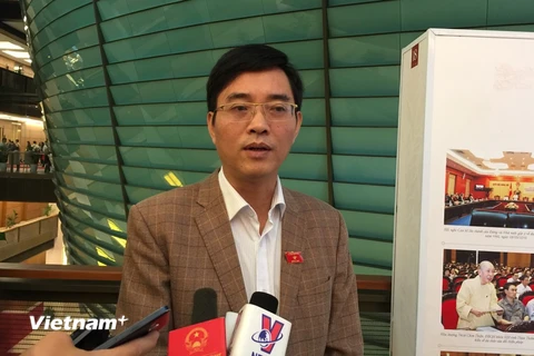 Đại biểu Hoàng Quang Hàm đang trả lời báo chí bên lề Quốc hội. (Ảnh: Đức Duy/Vietnam+)