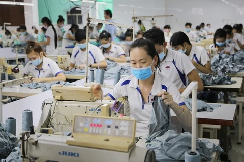 Công nhân may hàng may mặc xuất khẩu tại công ty TNHH Hoan Vinh (xã Tân Lý Tây, huyện Châu Thành, Tiền Giang). (Ảnh: TTXVN)
