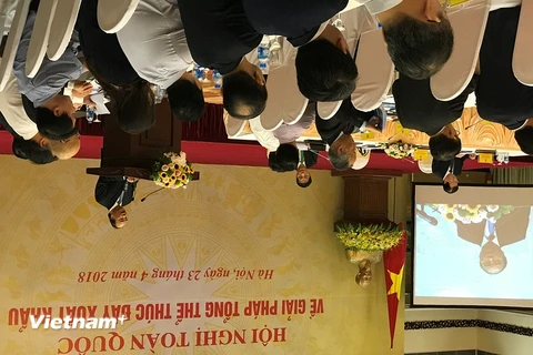Thủ tướng Nguyễn Xuân Phúc phát biểu chỉ đạo hội nghị thúc đẩy xuất khẩu. (Ảnh: Đức Duy/Vietnam+)