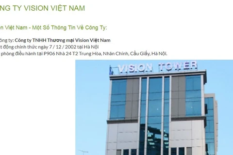 Trang web của công ty Trách nhiệm hữu hạn Thương mại Vision Việt Nam. (Ảnh: visionvietnam.vn)