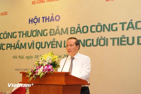 Lãnh đạo Bộ Công Thương phát biểu tại Hội thảo: Ngành công thương đảm bảo công tác An toàn thực phẩm vì quyền lợi người tiêu dùng. (Ảnh: Đức Duy/Vietnam+) 