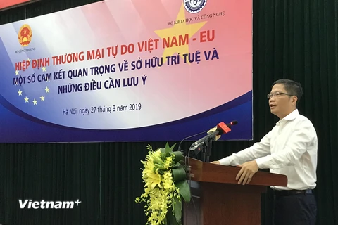 Bộ trưởng Trần Tuấn Anh phát biểu tại hội nghị phổ biến Hiệp định EVFTA. (Ảnh: Đức Duy/Vietnam+)