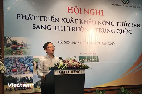 Bộ trưởng Trần Tuấn Anh phát biểu tại hội nghị phát triển xuất khẩu nông thủy sản sang thị trường Trung Quốc. (Ảnh: Đức Duy/Vietnam+)
