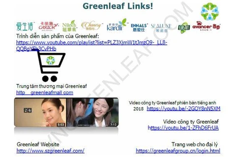 Cục Cạnh tranh và Bảo vệ người tiêu dùng nêu tên một số địa chỉ của Greenleaf. (Ảnh: PV/Vietnam+) 