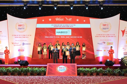 Habeco đứng đầu 10 công ty uy tín ngành thực phẩm - đồ uống năm 2019 do Vietnam Report bình chọn. (Ảnh: PV/Vietnam+)