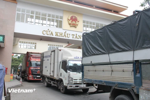 Trao đổi hàng hóa qua cửa khẩu Tân Thanh, tỉnh Lạng Sơn. (Ảnh: Đức Duy/Vietnam+)