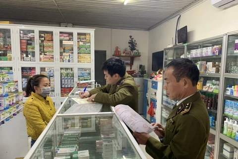 Lực lượng Quản lý thị trường kiểm tra một điểm bán lẻ thuốc. (Ảnh: PV/Vietnam+)