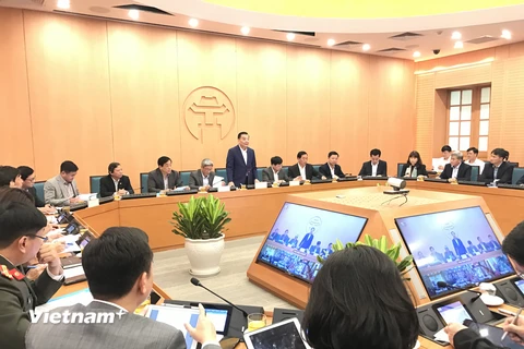 Ông Chu Ngọc Anh, Chủ tịch Ủy ban nhân dân Thành phố Hà Nội phát biểu tại cuộc họp Ban chỉ đạo COVID-19. (Ảnh: Xuân Quảng/Vietnam+)