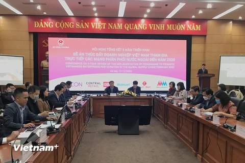 Hội nghị tổng kết 5 năm thực hiện Đề án Thúc đẩy doanh nghiệp Việt Nam tham gia trực tiếp các mạng phân phối nước ngoài giai đoạn đến năm 2020. (Ảnh: Đức Duy/Vietnam+)