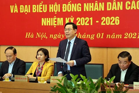 Bí thư Thành ủy Vương Đình Huệ phát biểu chỉ đạo tại hội nghị trực tuyến triển khai công tác bầu cử, ngày 23/1. (Ảnh: Vietnam+)