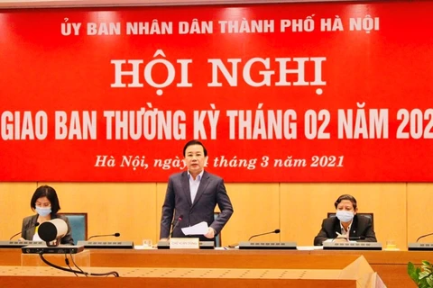 Cuộc họp của Ban Chỉ đạo COVID-19 thành phố Hà Nội. (Ảnh: PV/Vietnam+)