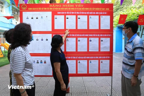 Các cử tri quận Ba Đình tham gia bỏ phiếu bầu cử đại biểu Quốc hội khoá XV và Hội đồng nhân dân nhiệm kỳ 2021-2026. (Ảnh: Xuân Quảng/Vietnam+)