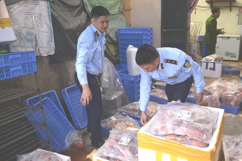 Lực lượng chức năng tịch thu, buộc tiêu hủy hơn1 tấn thực phẩm đông lạnh không rõ nguồn gốc trên địa bàn quận Bắc Từ Liêm. (Ảnh: PV/Vietnam+)